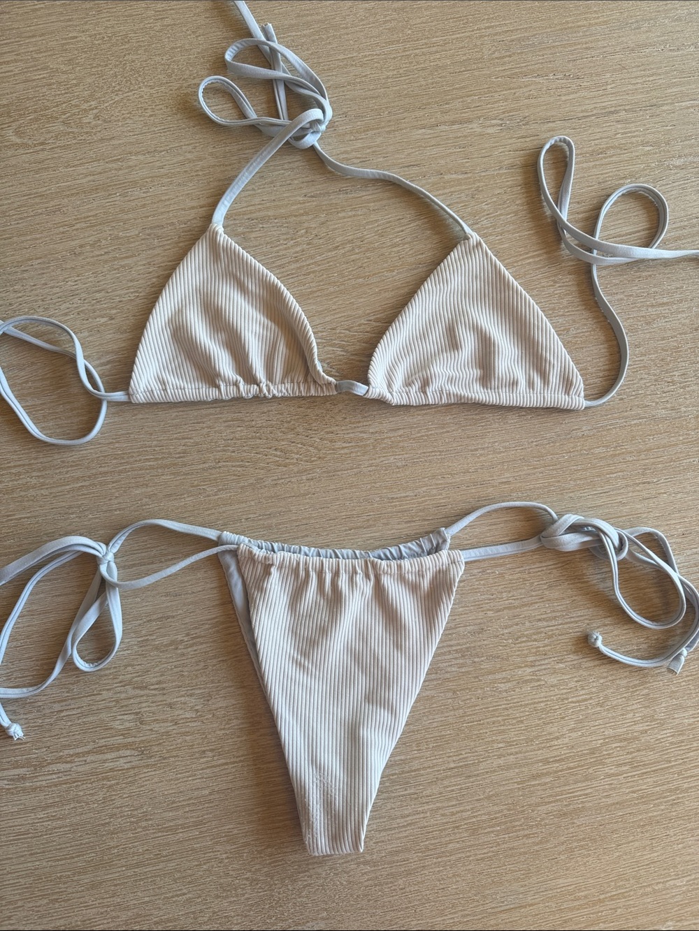 Frankie's Bikinis Beige Ribbed Triangle Tie-Side Bikini